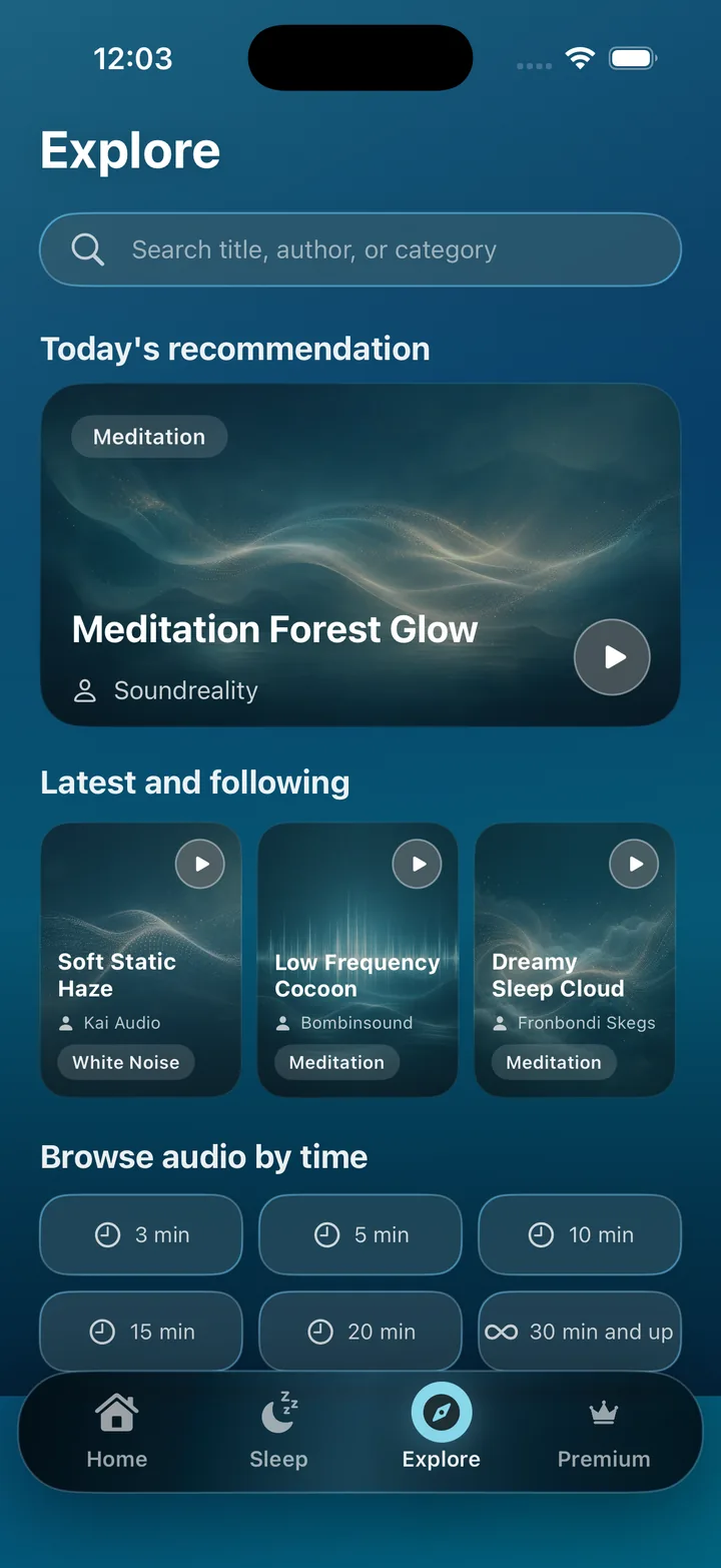 Quality Sleep explore screen with time-based browsing