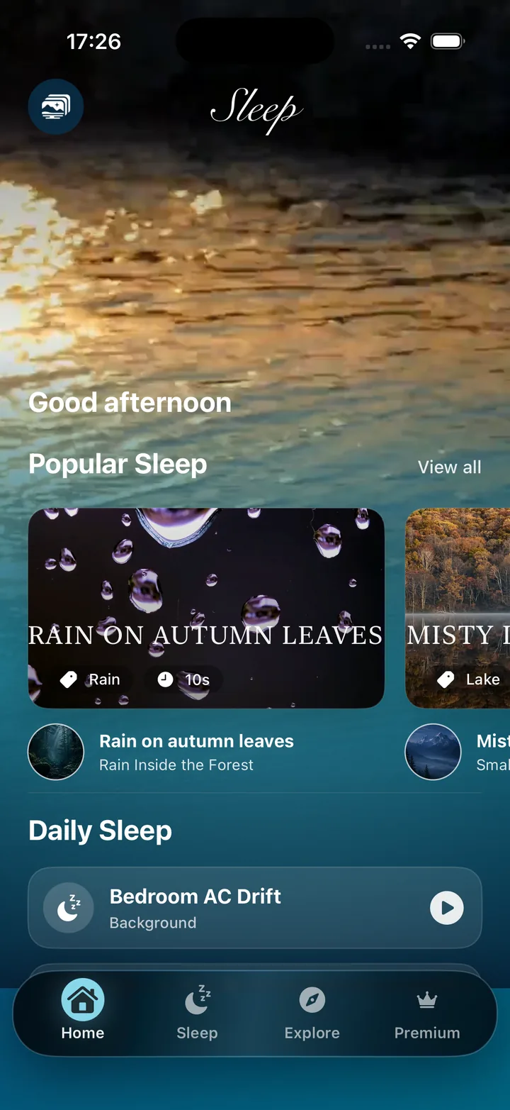 Quality Sleep home screen showing immersive night scenes